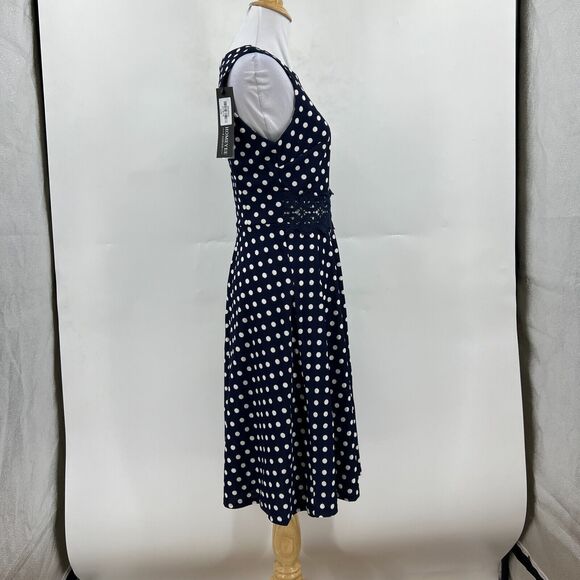 Homeyee Polka Dot Dress Womens 6 Navy Sleeveless Fit & Flare Floral Lace Detail - Picture 5 of 12